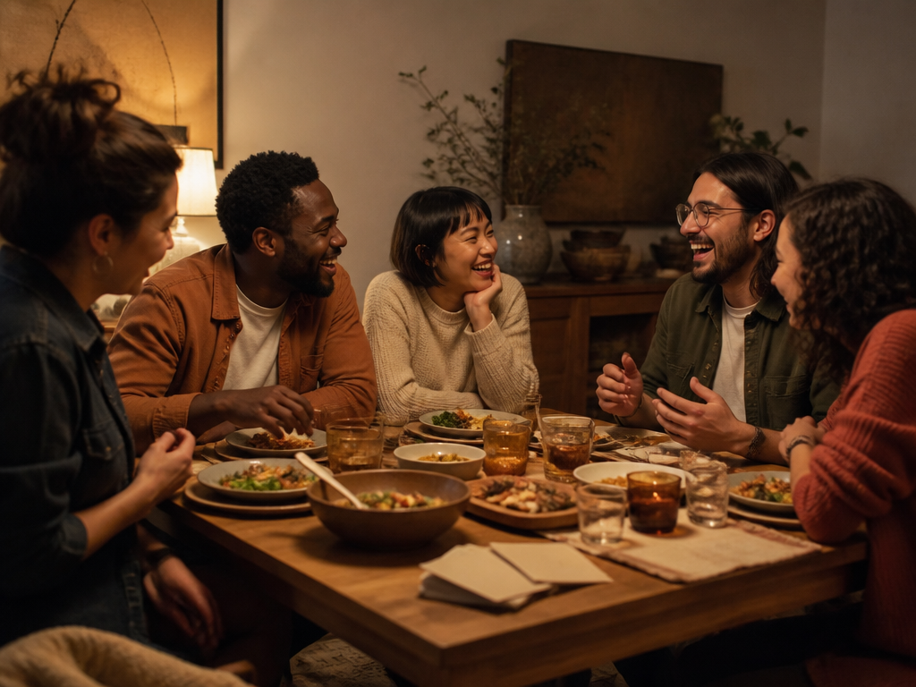 A diverse group of friends gathered around a dinner table sharing stories and laughing together in warm evening light