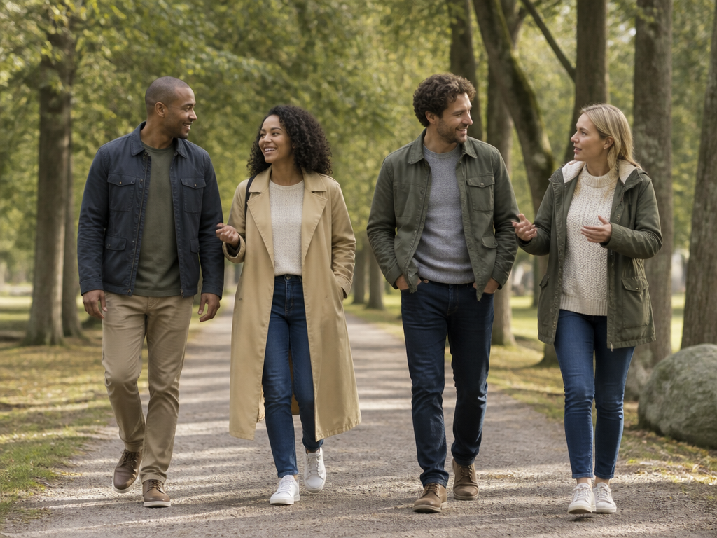 Two couples walking together along a tree-lined park path, chatting casually as they stroll side by side