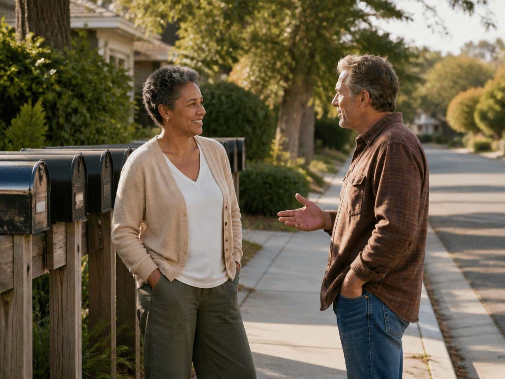 Two neighbors chatting casually on a residential sidewalk near a row of mailboxes, one gesturing mid-conversation while the other listens with a relaxed smile