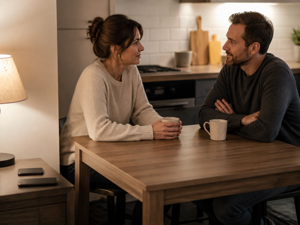 A couple sitting across from each other at a kitchen table with two mugs of coffee, engaged in conversation, phones placed face down on a side table.