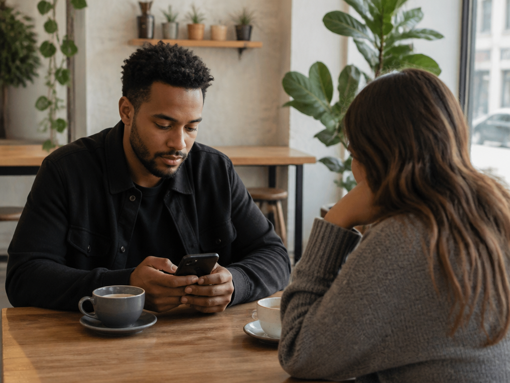 A person casually glancing at their phone screen while seated at a cafe table with a companion nearby, the screen not visible to the companion