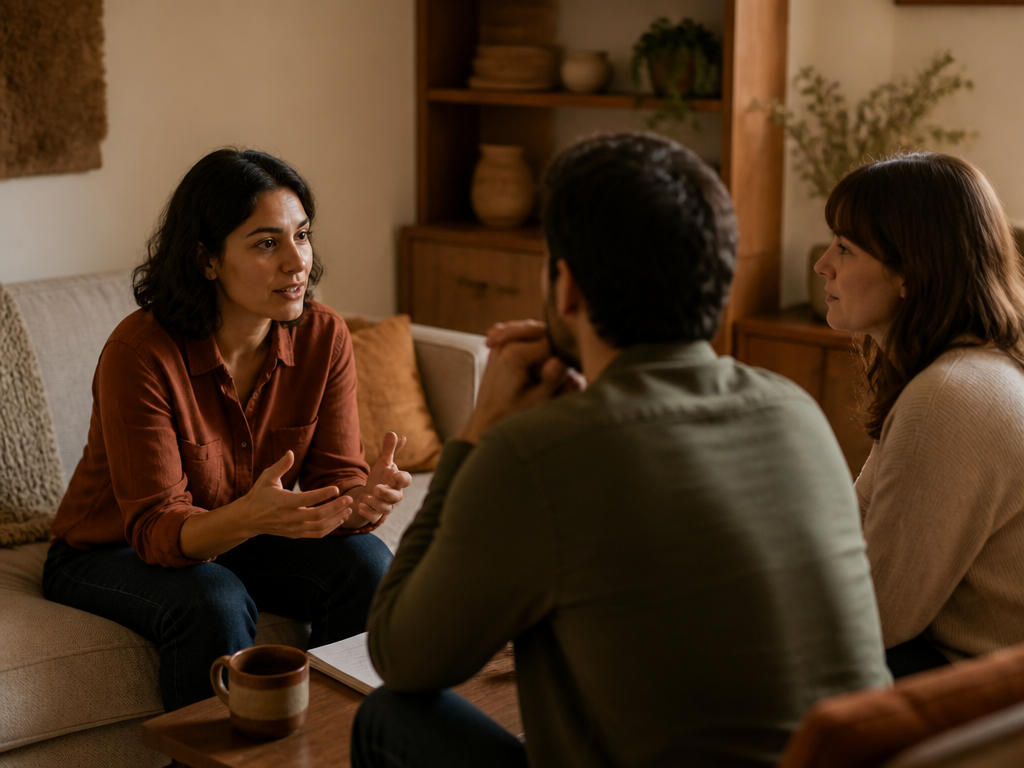 Two people seated in a warmly lit living room leaning forward in genuine conversation, an open card resting between them on a coffee table