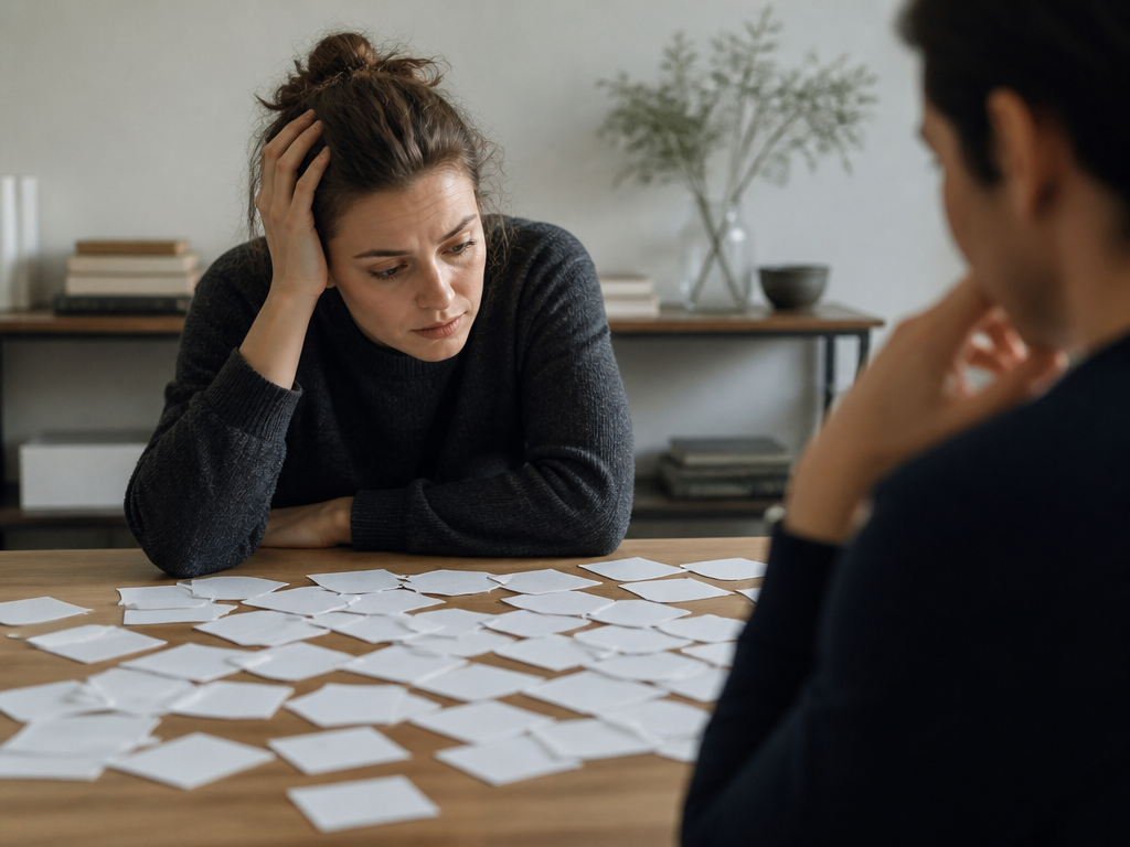 A person at a table surrounded by scattered question cards and slips of paper, looking thoughtful and slightly overwhelmed by the abundance of options
