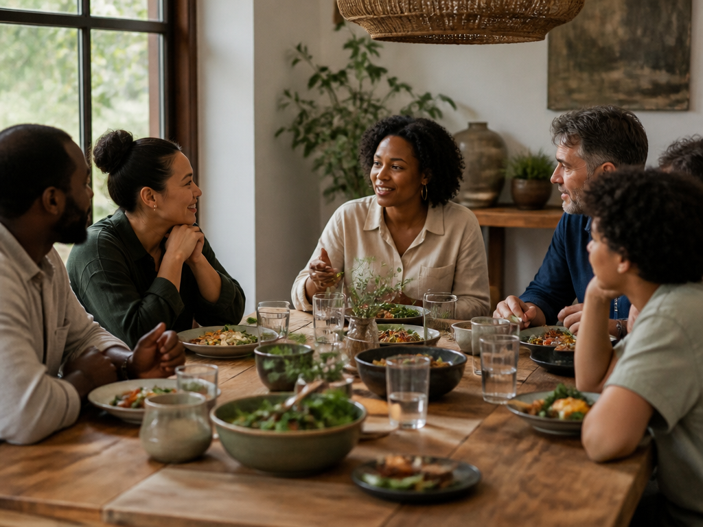 A diverse group of friends and family sharing a meal at a long wooden table, mid-conversation, relaxed and attentive to one another
