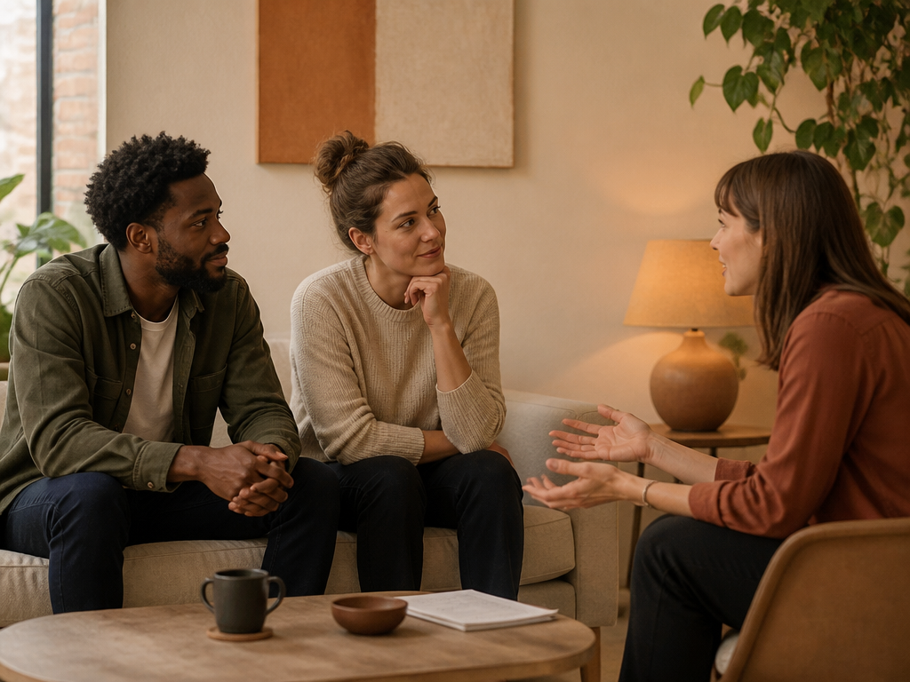 Two people seated across a wooden table in a warmly lit living room, leaning in toward each other in unhurried conversation with no screens in sight