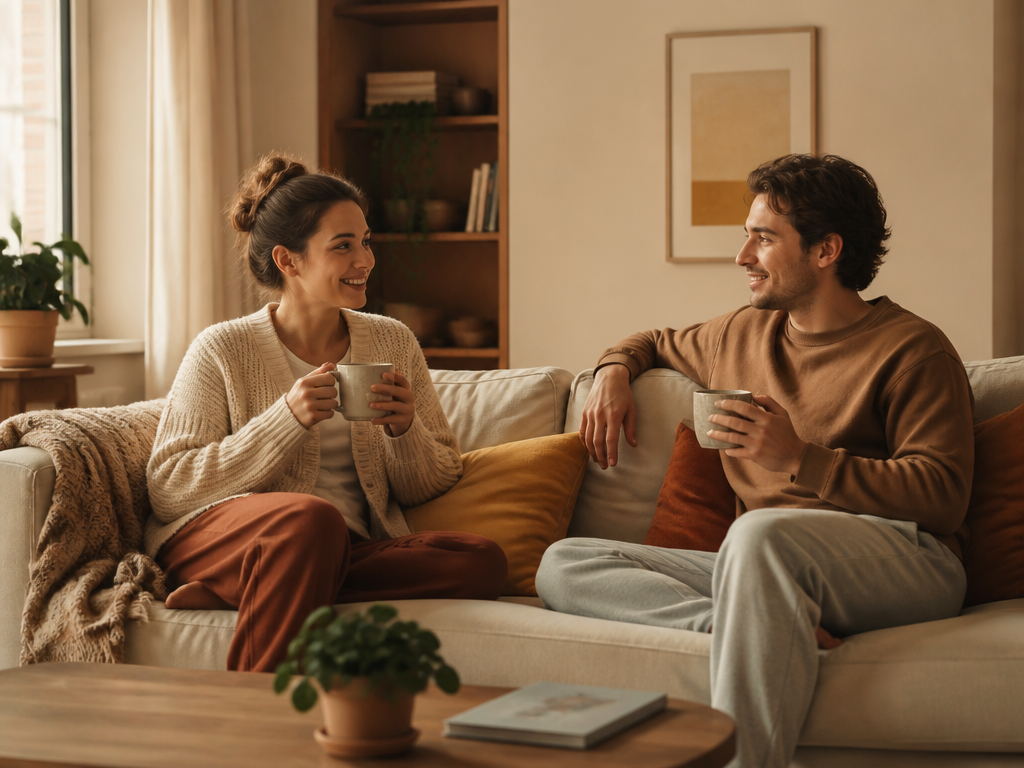 Two roommates sitting comfortably on a living room sofa, each holding a mug, smiling mid conversation in a cozy apartment with soft natural light from a window
