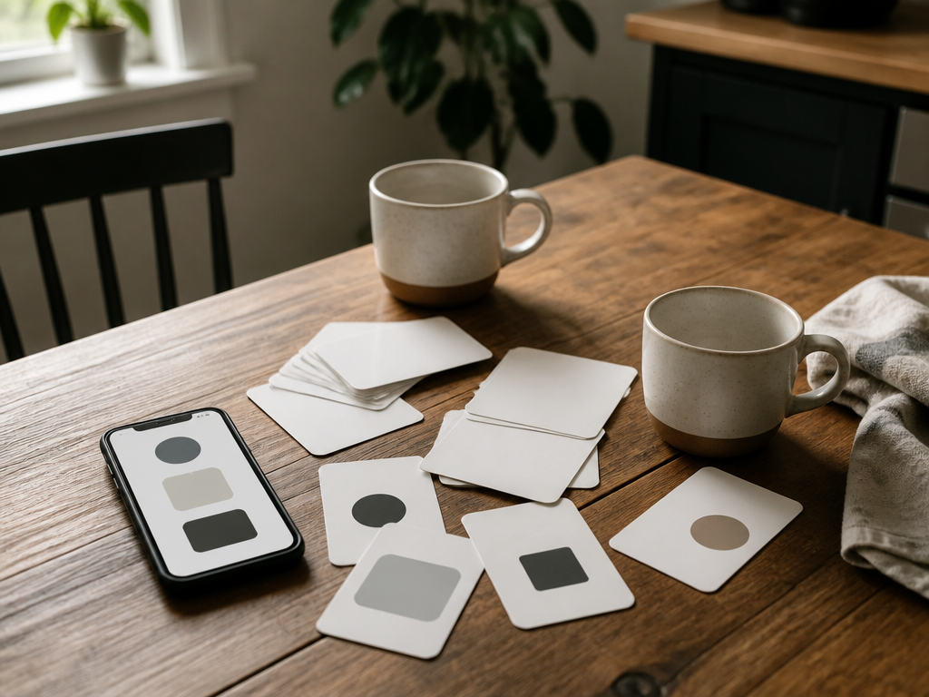 A scattered set of conversation prompt cards on a wooden kitchen table beside a phone showing a web-based card interface, soft natural light from a nearby window