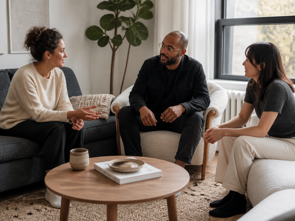Three people seated in a loose circle on couches in a home, leaning forward slightly in conversation with relaxed open body language