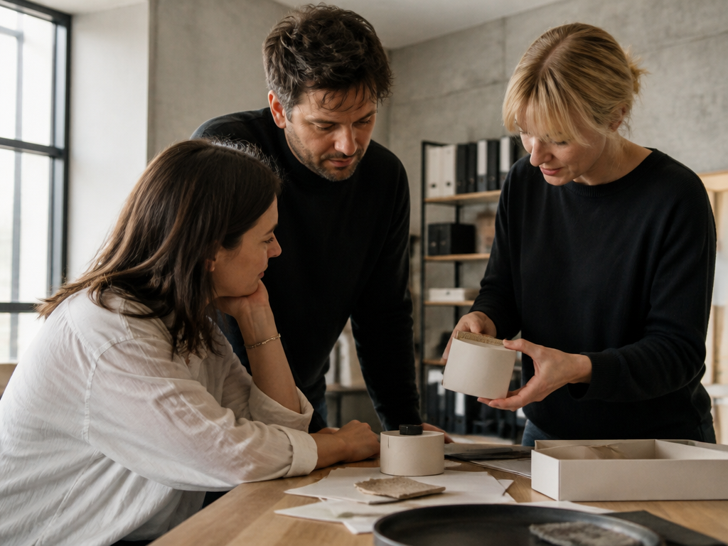 A small team gathered around a conference table in a bright office, engaged in an open and attentive discussion with notebooks in front of them