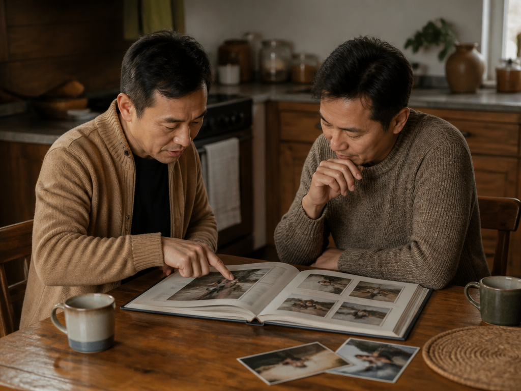 Two adult siblings looking through an open photo album together at a kitchen table, one pointing at a page while the other leans in with a curious expression