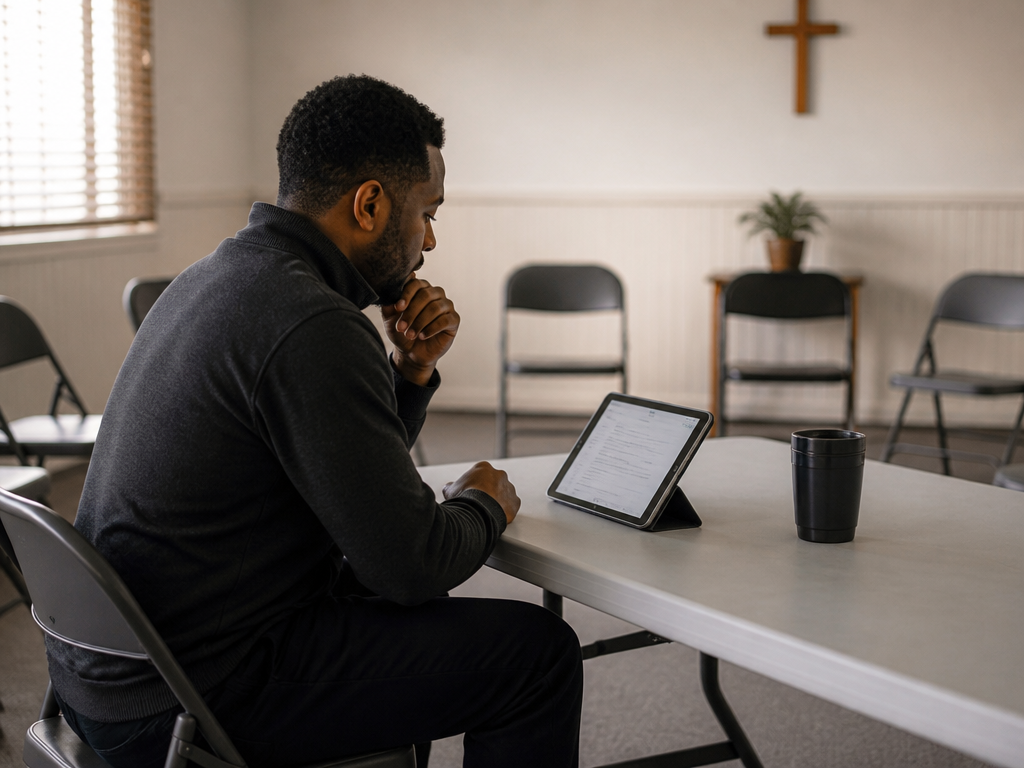 A volunteer facilitator sitting alone in a simple church meeting room reviewing conversation prompts on a tablet resting on a folding table, a few chairs arranged in a circle nearby