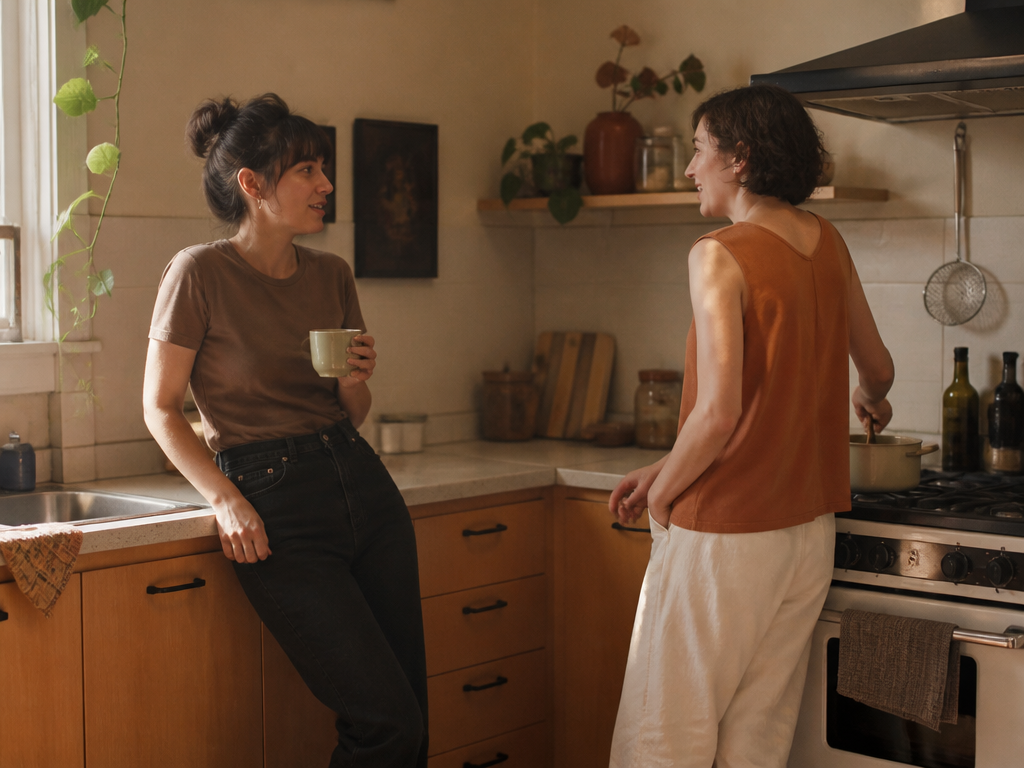 Two roommates in a shared kitchen, one leaning against the counter and the other near the stove, both chatting casually while surrounded by everyday kitchen items