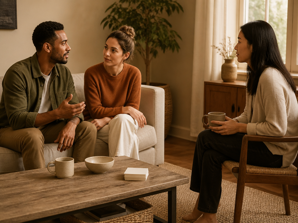 A couple sitting together on a couch in a softly lit living room, facing each other in conversation with a small stack of cards resting on the coffee table between them