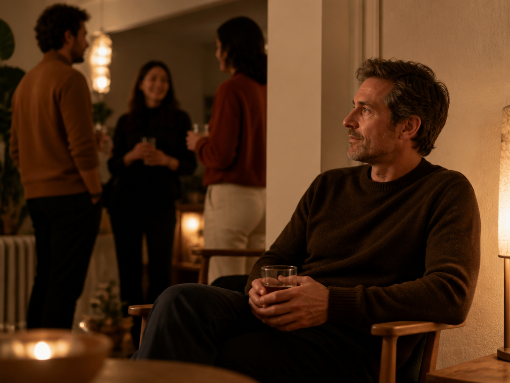A single person sitting quietly at the edge of a lively social gathering, hands wrapped around a drink, looking contemplative while others mingle nearby