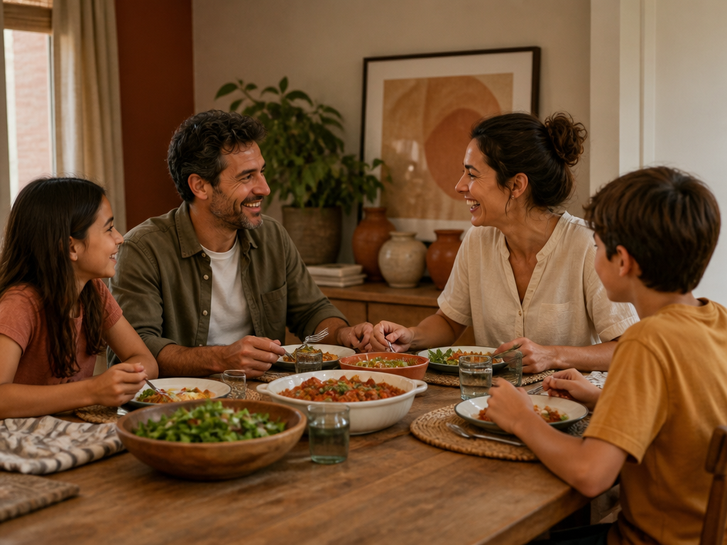 A family of four gathered around a dinner table laughing and talking together over a home cooked meal