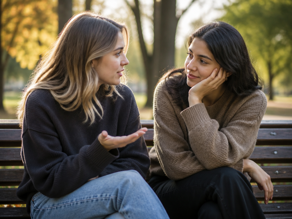 Two friends on a park bench share an attentive conversation, with one speaking and the other listening closely.