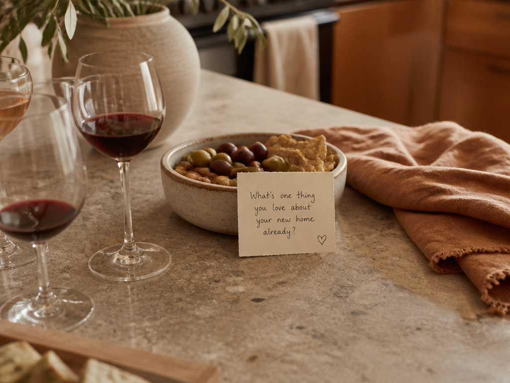 Close-up of handwritten conversation question cards resting among wine glasses and a snack bowl on a kitchen counter at a housewarming party