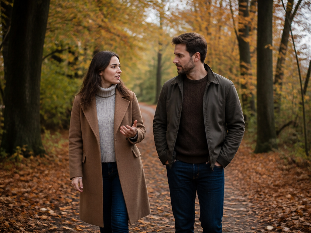 Two adult siblings walking side by side on a tree-lined path in autumn, mid-conversation with relaxed posture, no phones visible