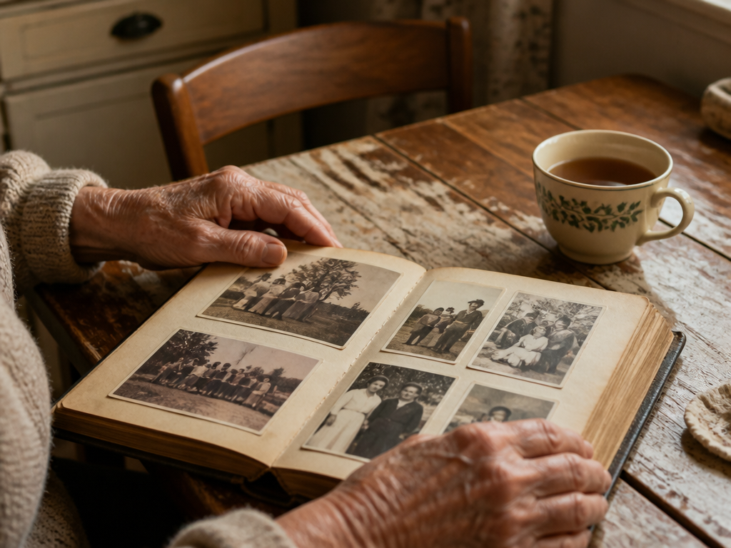 A pair of weathered older hands resting on an open photo album filled with faded family photographs on a worn kitchen table, a cup of tea nearby