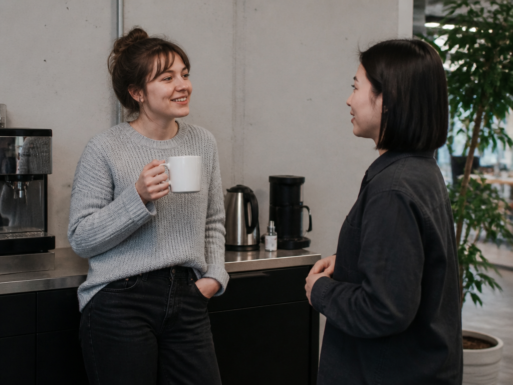 Two acquaintances chatting casually near a coffee station, one holding a mug and smiling while the other listens with relaxed body language