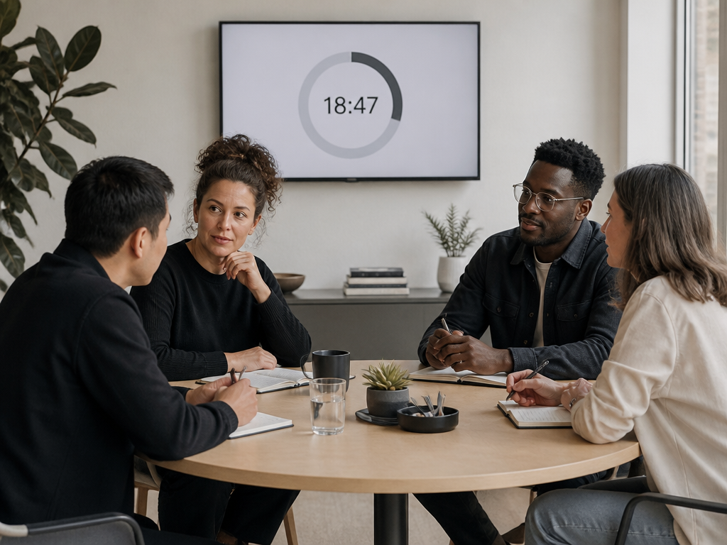 A facilitator sitting with a small team of four around a table, guiding a discussion with a visible timer on a nearby screen