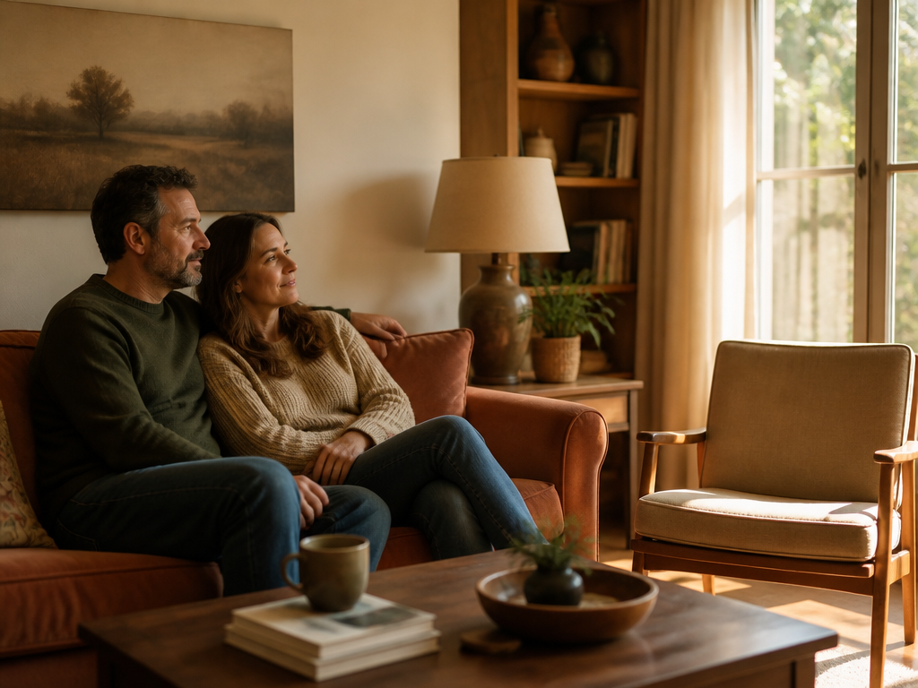 A mature couple sitting together on a living room couch in a quiet, sunlit home, looking comfortable but reflective, with an empty chair nearby suggesting the absence of children.