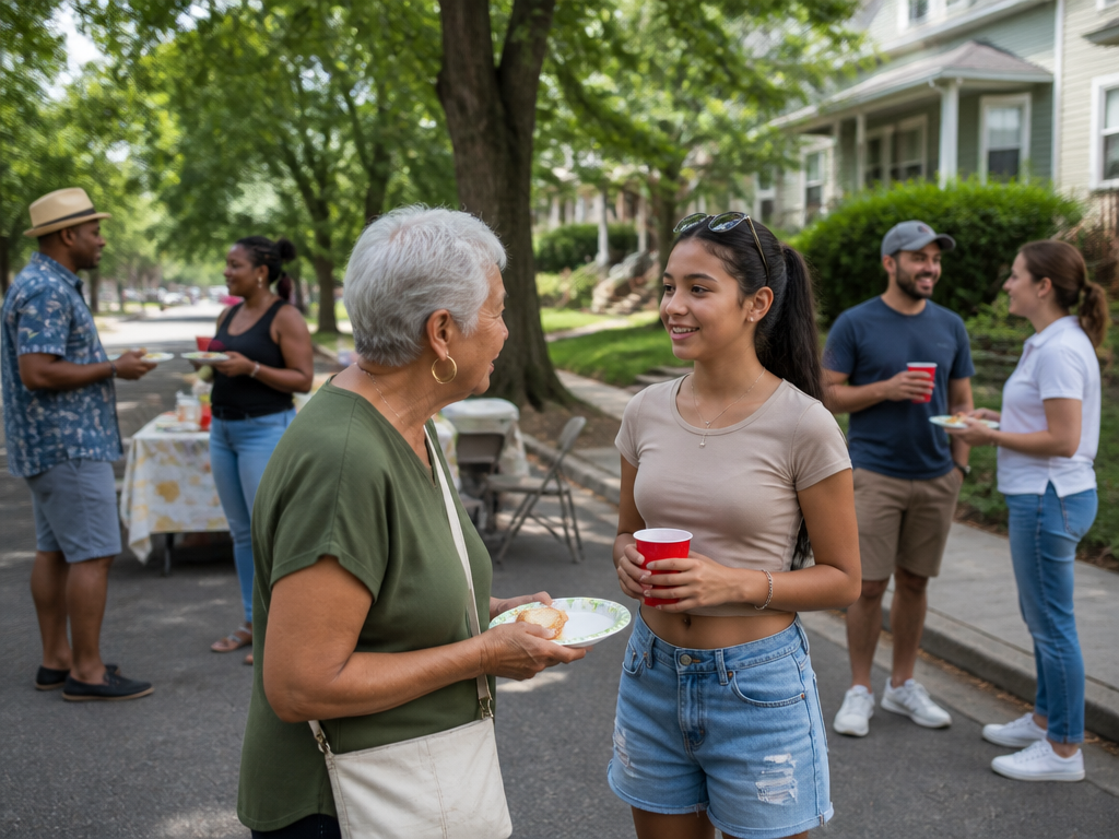Neighbors of different ages gathered at a small block party on a tree-lined residential street, standing in loose clusters with drinks and paper plates, engaged in animated small-group conversation