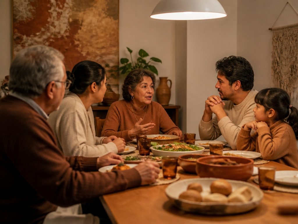 A multigenerational family seated around a dinner table with soft overhead lighting, one person mid sentence while others listen attentively