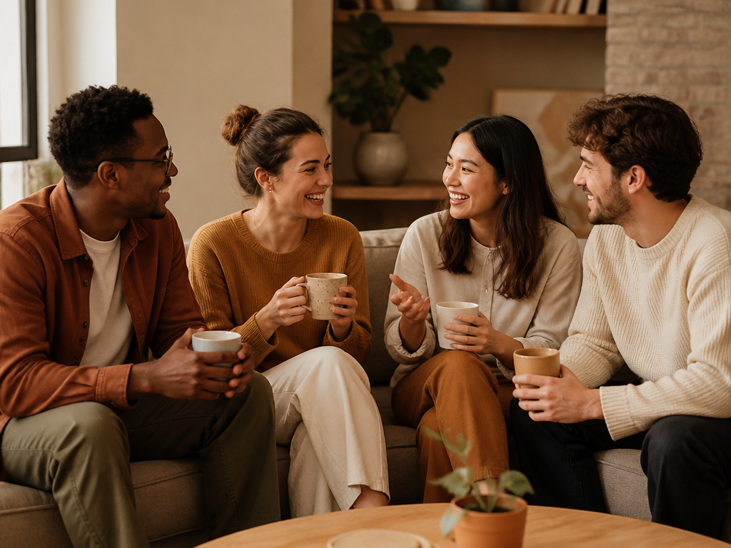 Four friends seated close together on a couch, leaning in with engaged expressions mid-conversation, holding coffee cups in soft afternoon light