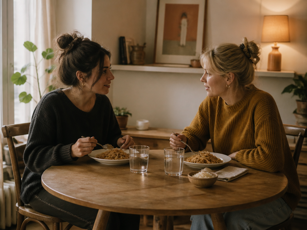 Two roommates sitting at a small dining table sharing a home cooked meal, plates of pasta and glasses of water between them, relaxed and engaged in conversation