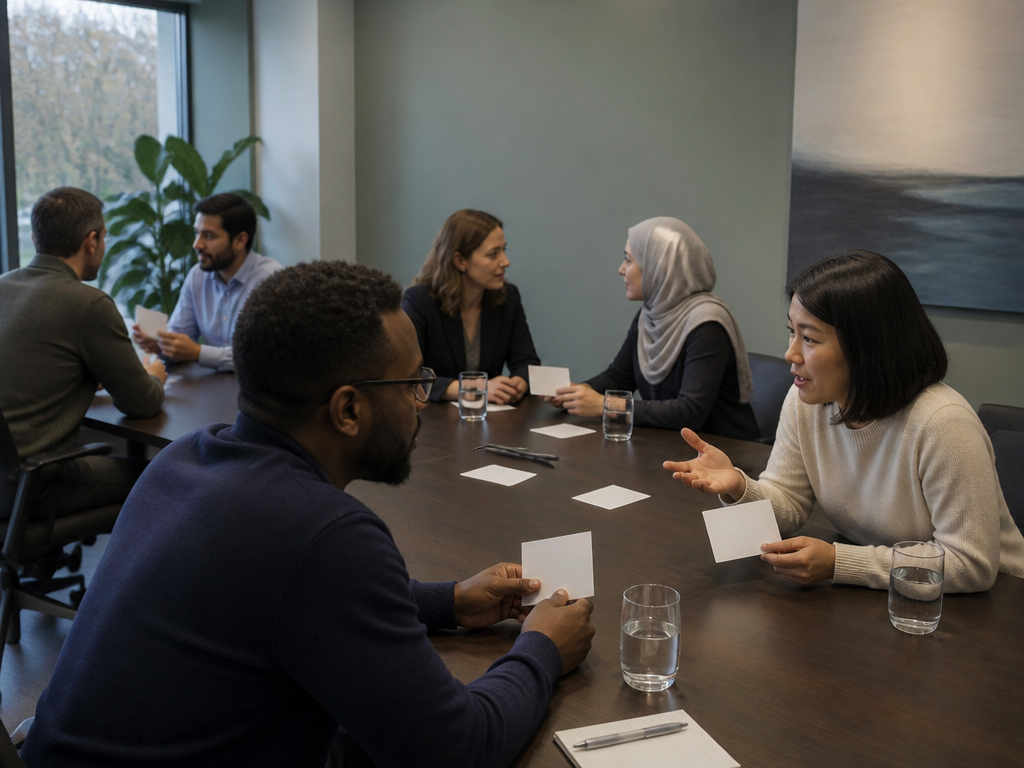 A diverse group of professionals seated around a large table in a modern meeting room, each pair engaged in structured conversation with conversation prompt cards visible on the table