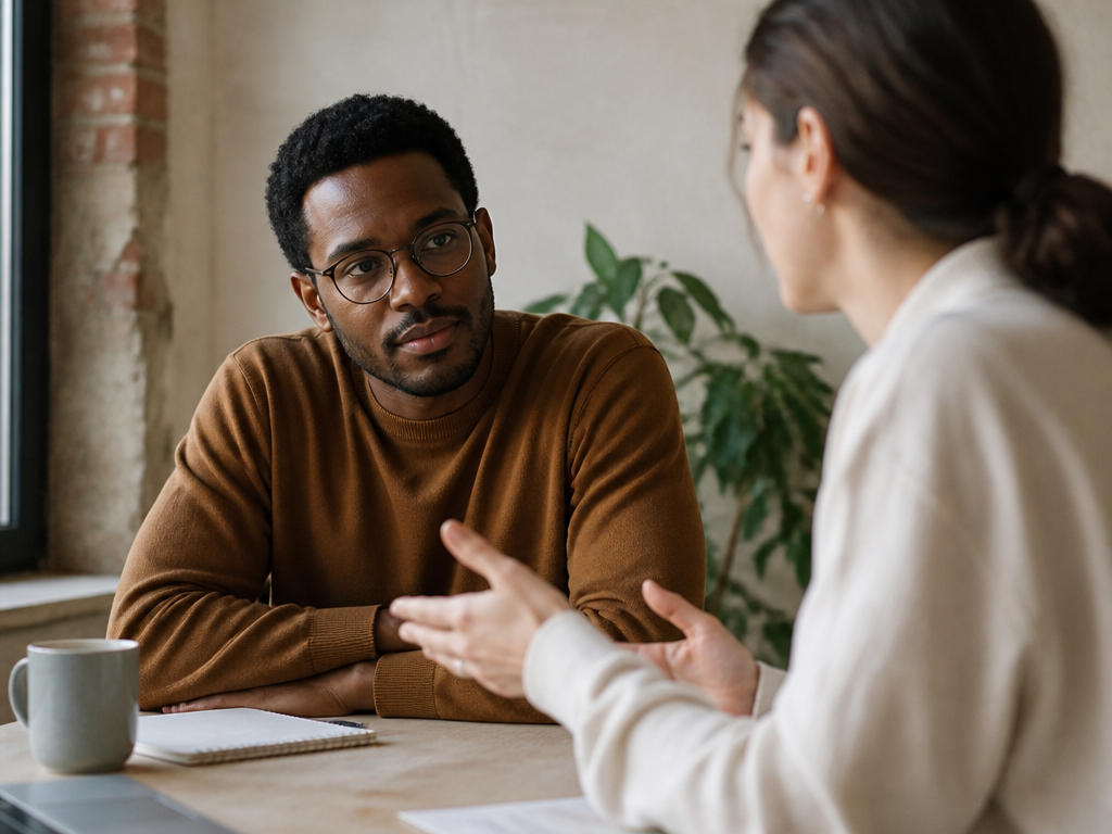 A mentor and mentee seated across from each other in a bright office, engaged in a focused one-on-one conversation with notebooks open on the table between them