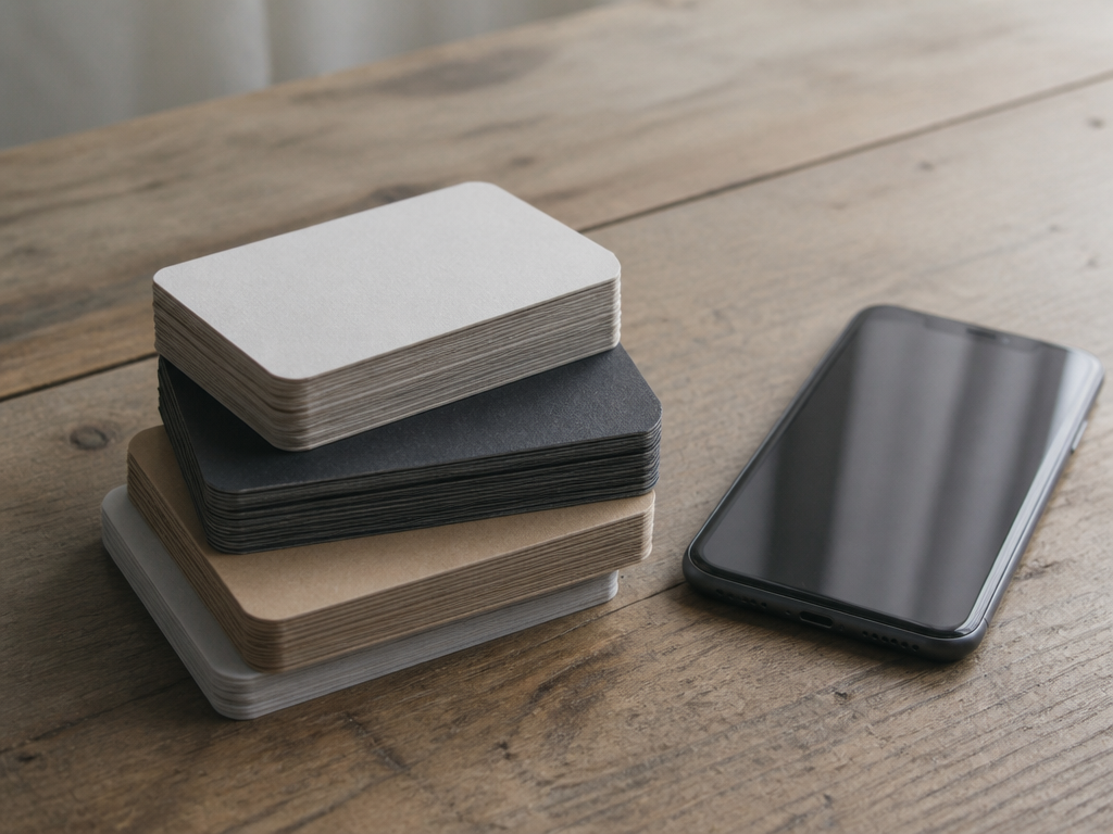 A stack of physical conversation card decks arranged on a wooden table surface next to a smartphone, showing the contrast between tangible and digital formats