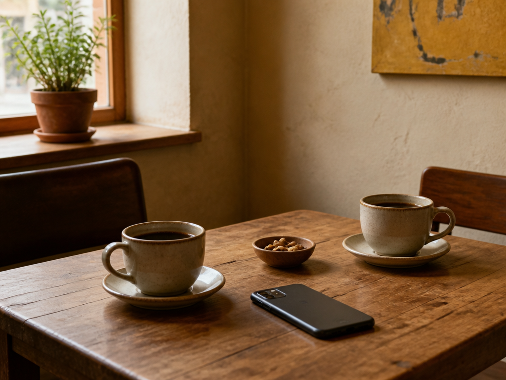 A smartphone resting face down on a wooden table beside two coffee cups and a small bowl of snacks, soft natural light from a nearby window