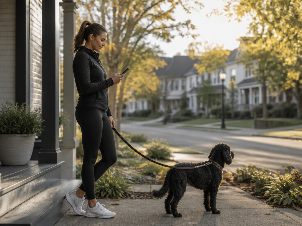 A person standing on a front porch glancing at their phone screen before stepping out to walk their dog, soft afternoon light on a quiet neighborhood street behind them