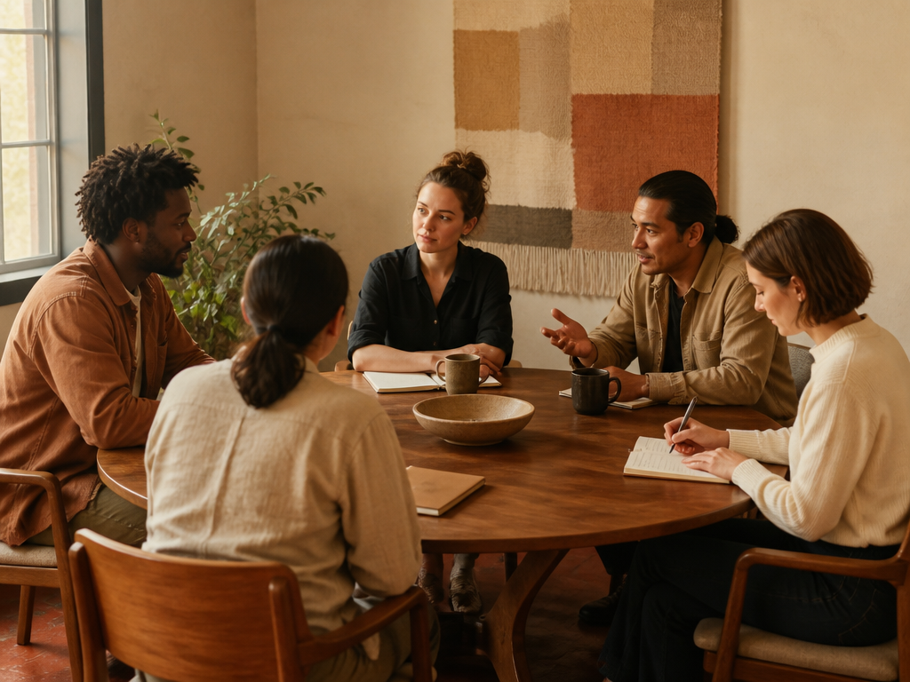 A small group of five colleagues in a breakout discussion at a round table, one person taking notes while others share ideas