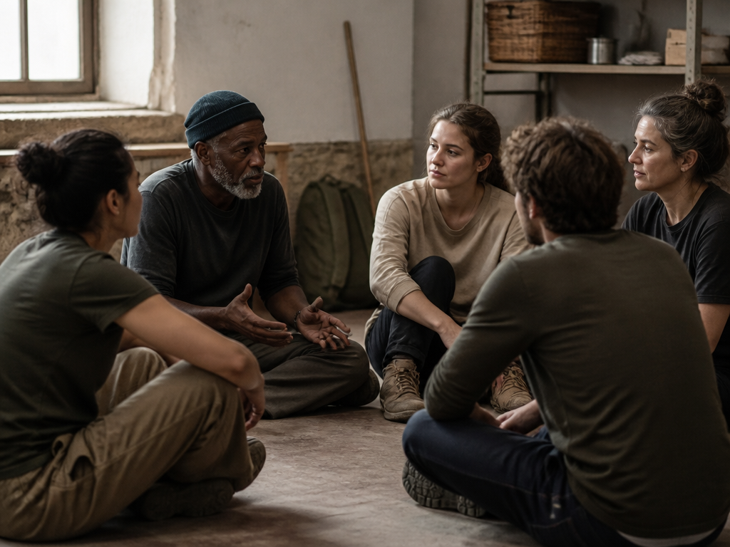 A circle of volunteers of varying ages sitting together after a shift in soft light, some leaning forward in thought, others nodding, a quiet reflective debrief moment