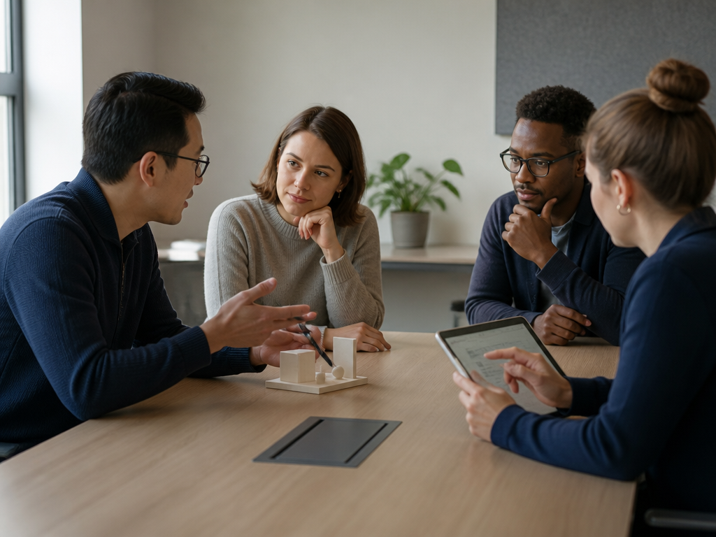 A diverse work team discusses a practical project follow-up while one colleague records the next action on a tablet.