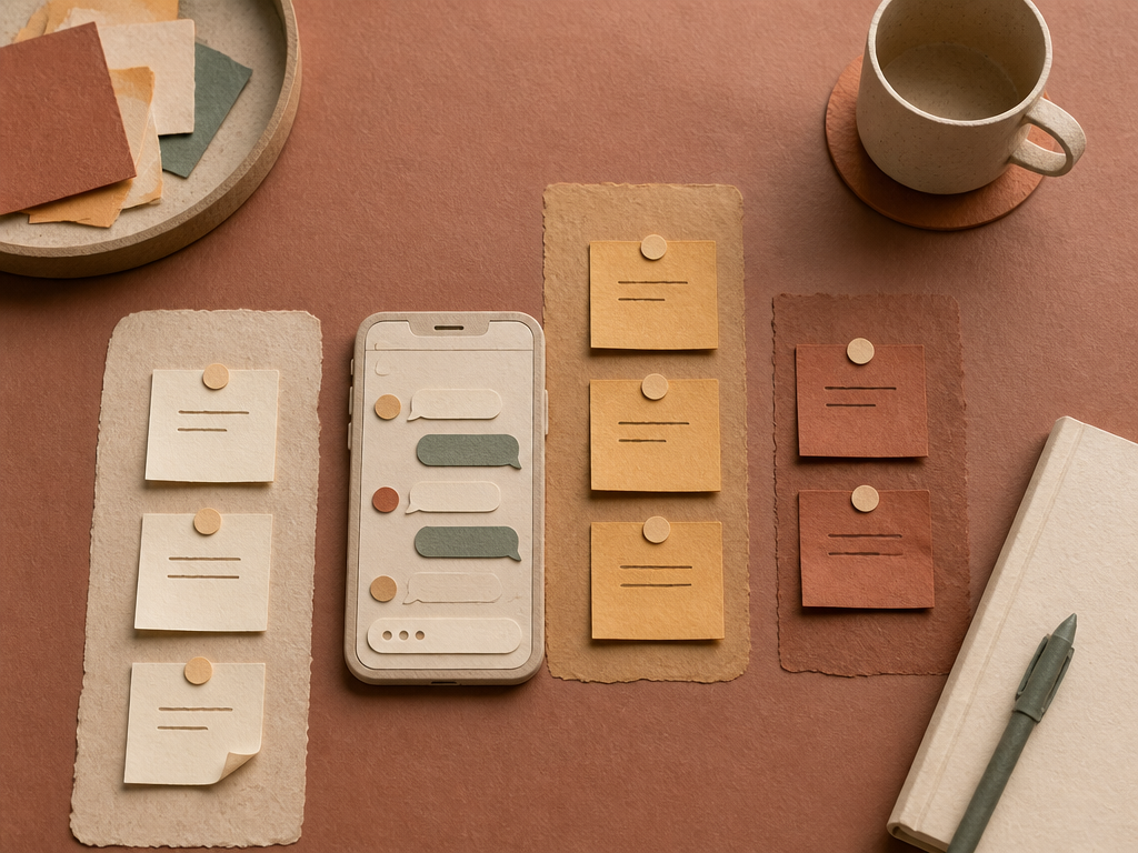 A tabletop arrangement of colorful sticky notes and a phone showing a team chat thread with multiple icebreaker question prompts and replies.