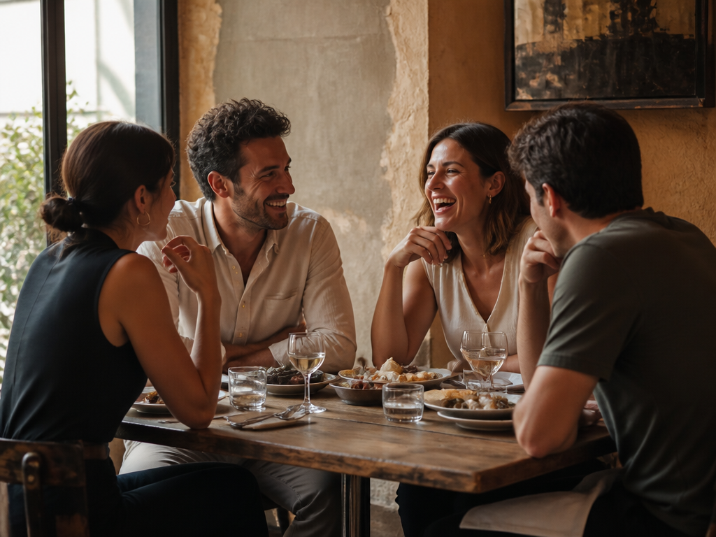 Two couples seated around a restaurant table engaged in relaxed conversation, with drinks and appetizers visible between them