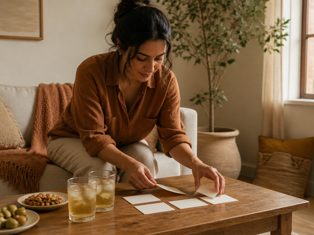 A host arranges conversation prompt cards, small snack plates, and non-alcoholic beverages on a warm wooden coffee table before guests arrive