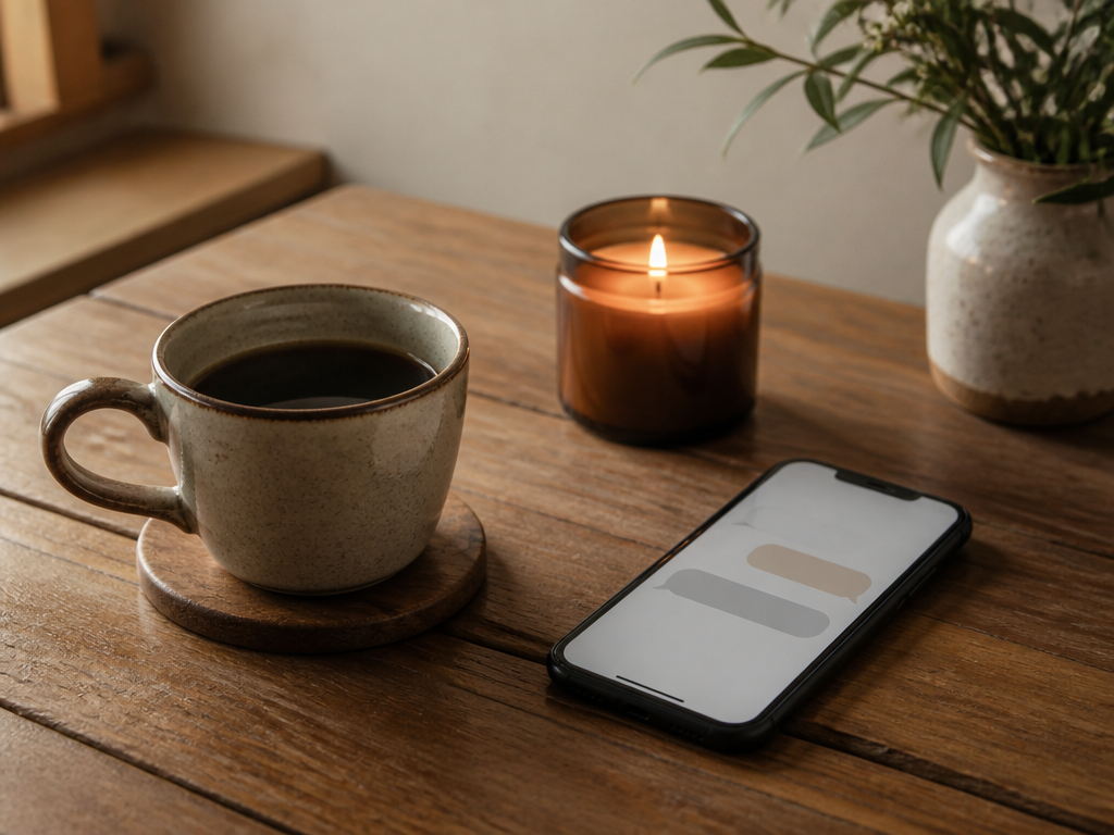 A lit candle, a ceramic coffee cup, and a phone displaying a conversation prompt resting on a wooden table in soft light
