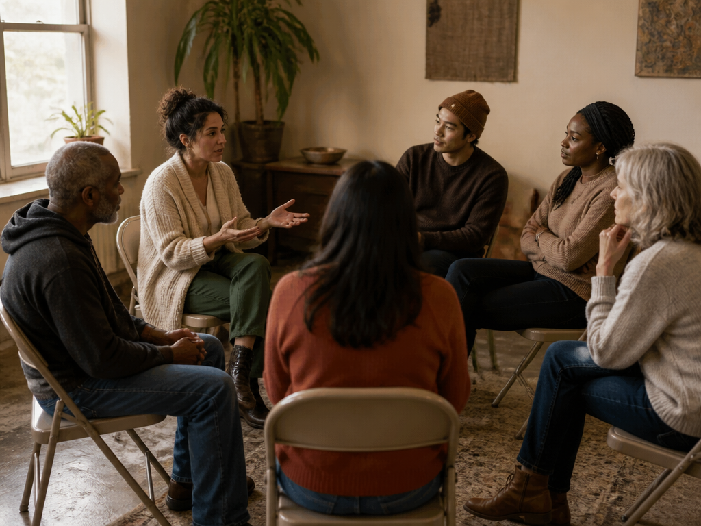 A diverse group of adults seated in a circle of folding chairs inside a warmly lit community room, one person speaking while others listen attentively, soft natural light from a side window