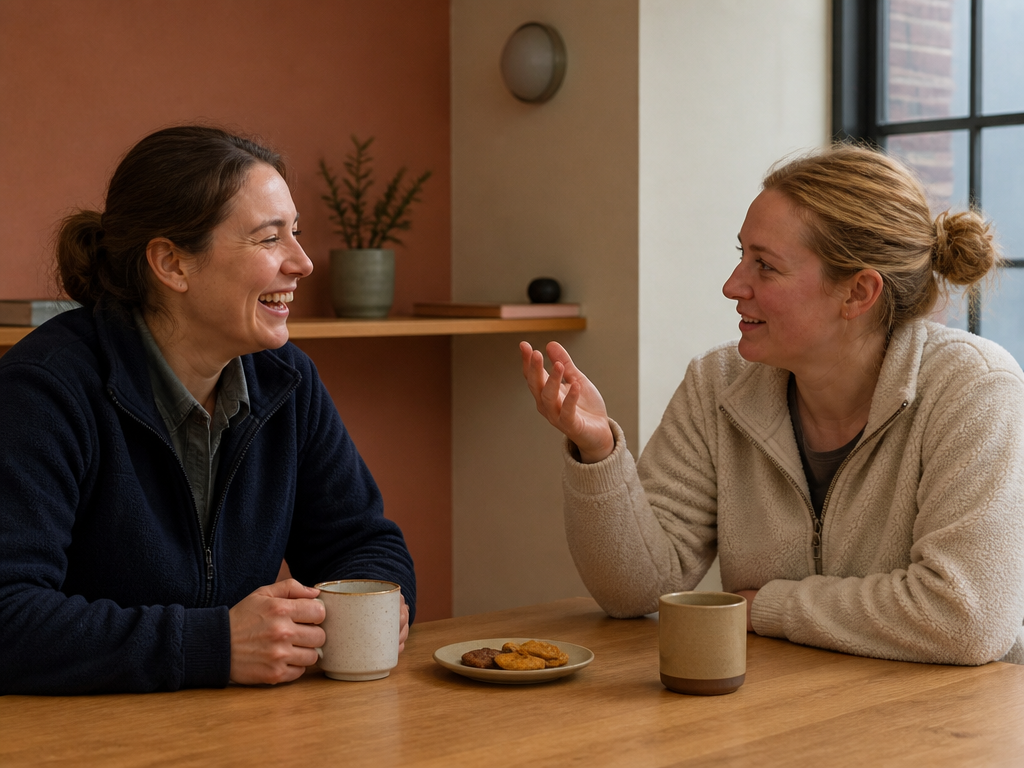 Two volunteers sitting at a table during a break with coffee cups and snacks, one mid-laugh while the other gestures casually, a relaxed and low-pressure moment