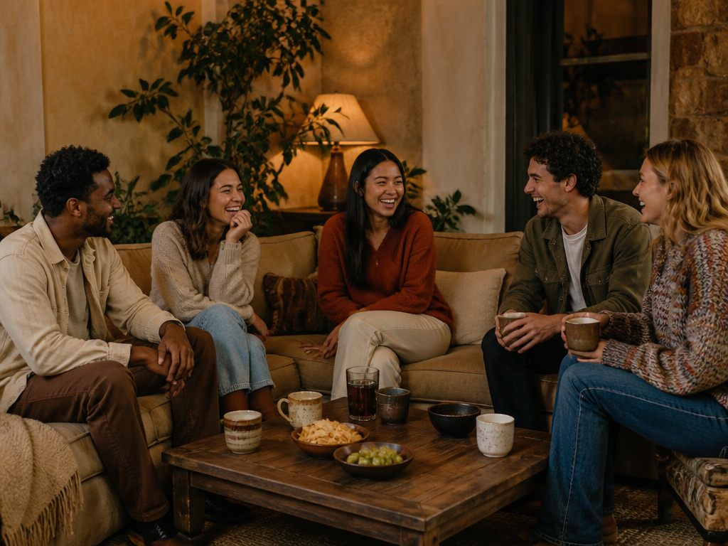 A group of five friends sitting together in a cozy living room with warm lighting, mid conversation and laughing, drinks and snacks on a low coffee table