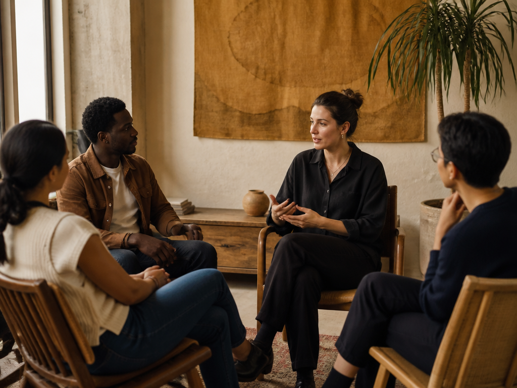 A diverse group of colleagues seated in a circle in a bright community space, talking openly during a company offsite