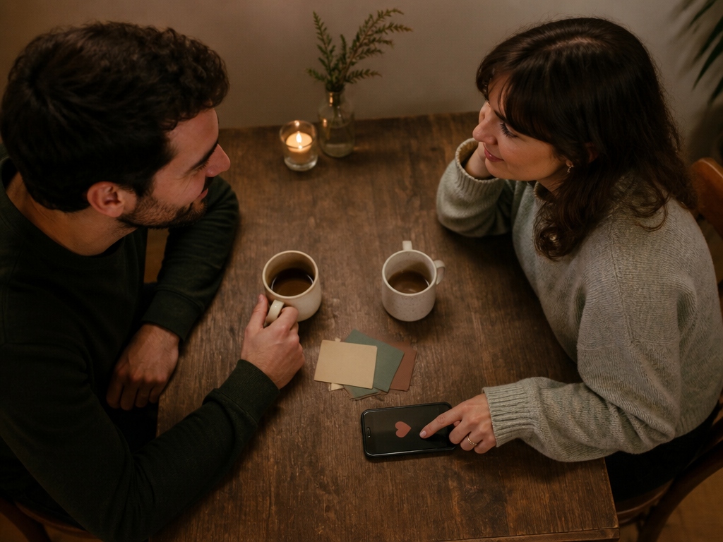 Two adults at a date night table remain engaged with each other while one briefly saves a question on a phone.