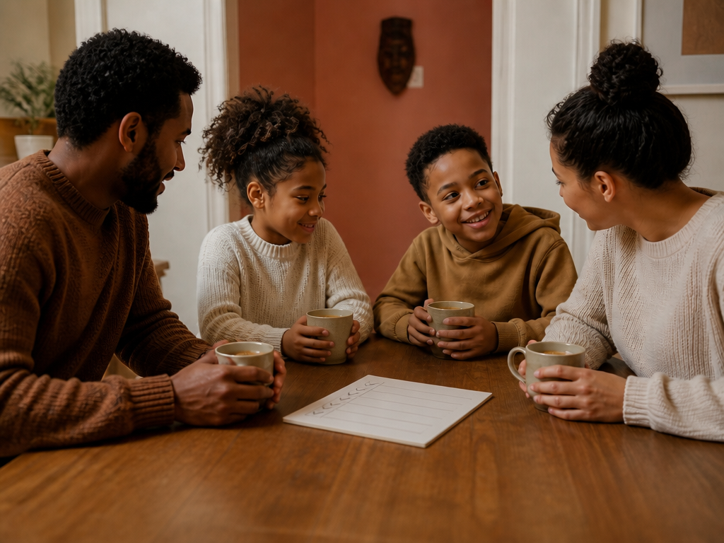 A family of four seated around a dining table, engaged in a weekly meeting with a simple handwritten agenda and mugs of cocoa on the table
