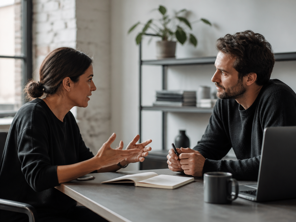 Two professionals in a relaxed office corner, leaning into an open conversation with coffee cups on the table, body language conveying growing trust and rapport