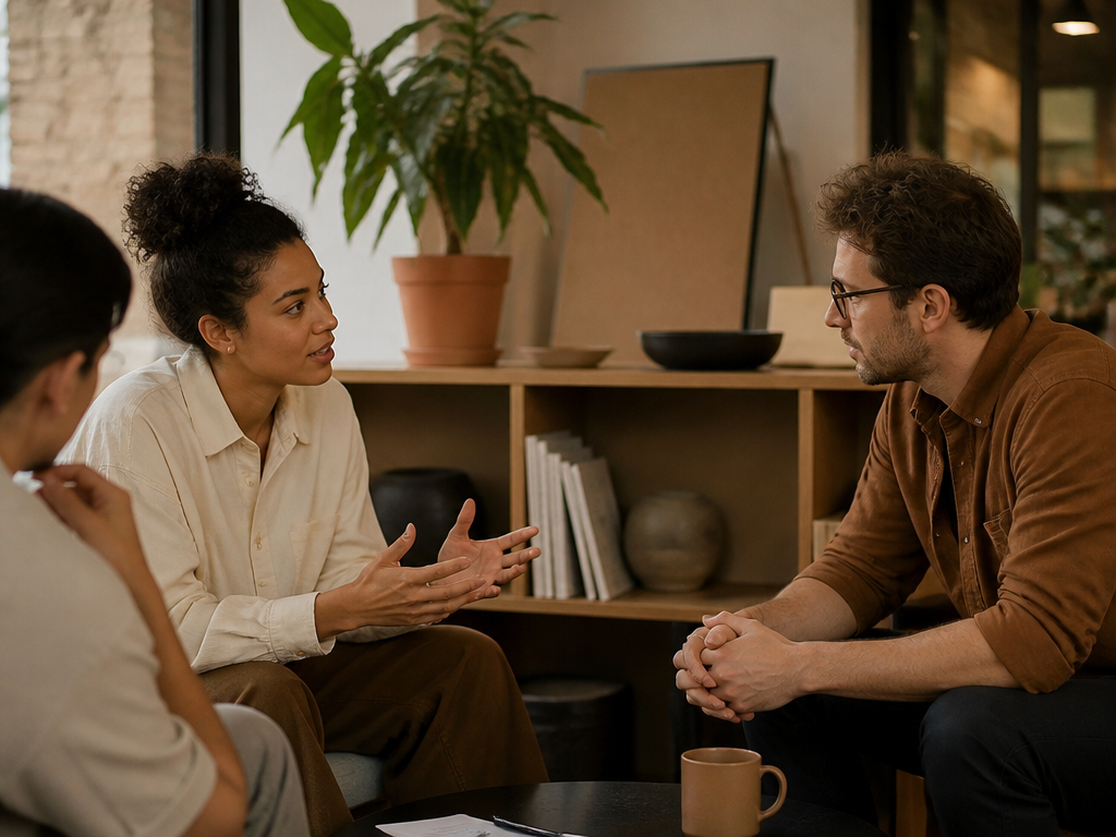 Two people sitting across from each other in a warm-lit room, one leaning forward mid-conversation with an open, attentive expression while the other gestures thoughtfully